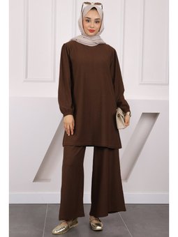 Kahverengi Bürümcük Tunik Pantolonlu Takım