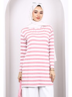 Pudra Çizgili Uzun Kol Tunik
