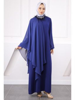 Saks Mavisi Mavi Büyük Beden Yaka Taş Detaylı Abiye Elbise