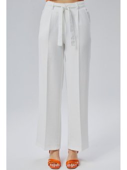 Keten Yazlık Beli Lastikli Ve Kuşaklı Beyaz Pantolon