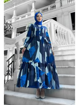 Alya Desenli Viskon Lacivert Elbise
