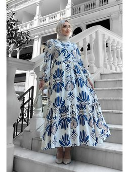 Bohem Desenli Viskon Mavi Elbise
