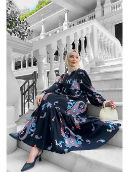 Desenli Viskon Mavi Elbise