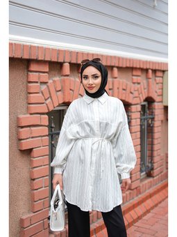 Asimetrik Çizgili Beyaz Gömlek