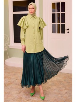 Kolları Valonlu Düğme Detaylı Yeşil Gömlek