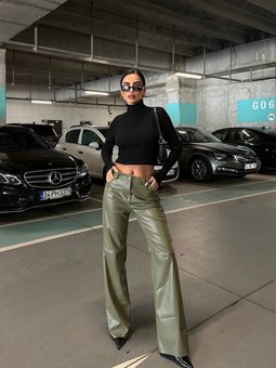 Çam Yeşili Palazzo Tasarım Deri Pantolon