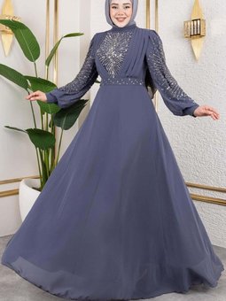 Antrasit Taş İşlemeli Şifon Abiye Elbise