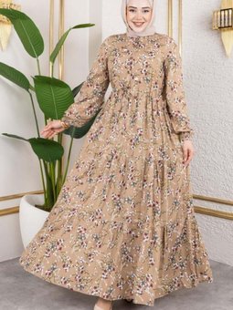 Bej Asel Çiçekli Viskon Elbise Vizon