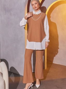 Bej Camel Üçlü Çizgili Takım