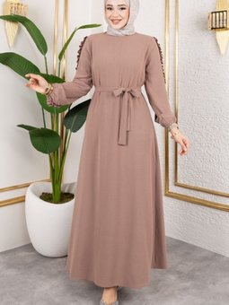 Bej Kolları Fırfır Detaylı Elbise