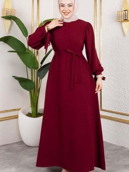 Bordo Manşeti Bağcıklı Elbise