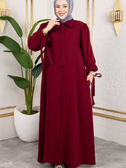 Bordo Manşeti Bağcıklı Elbise Ferace