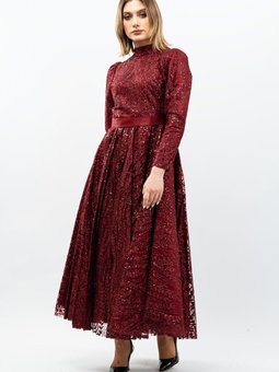 Bordo Payetli Prenses Model Abiye Elbise