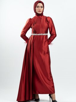 Bordo Taşlı Saten Abiye Elbise