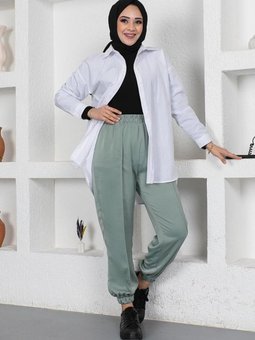 Çağla Yeşili Beli Ve Paçası Lastikli Pantolon