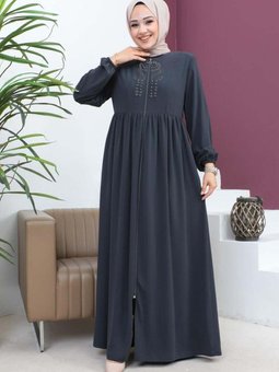 Gri Boncuklu İşlemeli Ferace