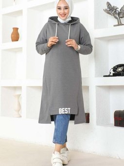 Gri Kapüşonlu Spor Tunik