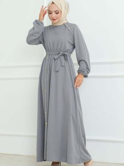 Gri Omuz Detaylı Düğmeli Elbise