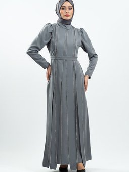 Gri Taş Detaylı Abiye Elbise