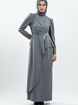 Gri Taş Detaylı Abiye Elbise