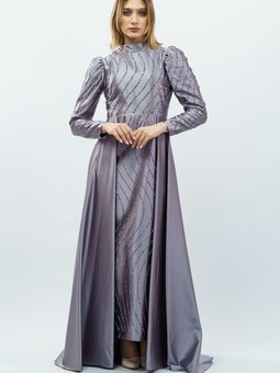 Gri Taş Detaylı Saten Abiye Elbise