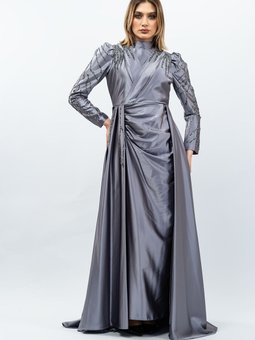 Gri Taş Detaylı Saten Abiye Elbise