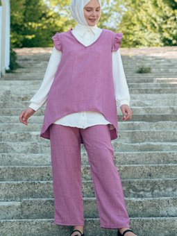 Gül Kurusu Fırfırlı Üçlü Keten İkili Takım