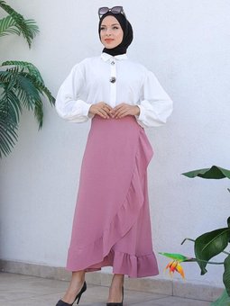 Gül Kurusu Uzun Fırfırlı Tasarım Etek