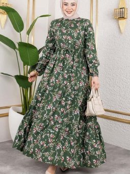 Haki Asel Çiçekli Viskon Elbise