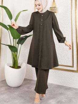 Haki Düğme Detaylı İkili Takım