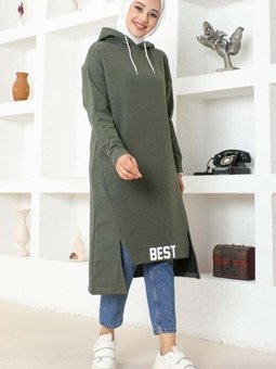 Haki Kapüşonlu Spor Tunik