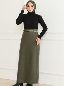 Haki Uzun Kemerli Kaşe Kalem Etek