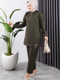 Haki Yarım Fermuarlı Spor İkili Takım