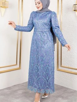 İndigo Afilli Simli Kalem Abiye Elbise