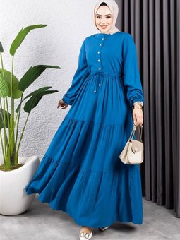 İndigo Belden Bağcıklı Viskon Elbise
