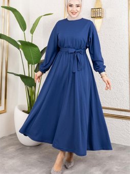 İndigo Beli Büzgülü Kemerli Elbise