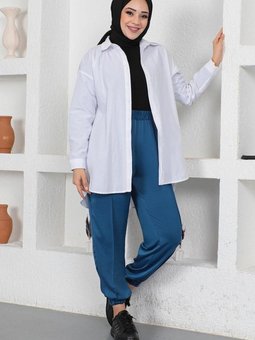 İndigo Beli Ve Paçası Lastikli Pantolon