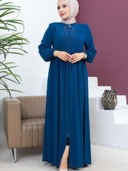 İndigo Boncuklu İşlemeli Ferace