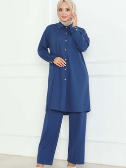 İndigo Büyük Beden Gömlekli İkili Takım