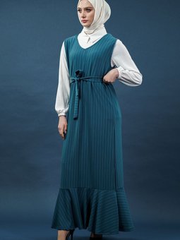 İndigo Çizgili li Jile Zümrüt Yeşili Gömlek Elbise