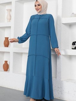 İndigo Dikiş Detaylı Model Elbise