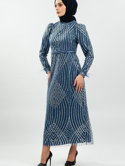 İndigo Simli Tüy Detaylı Abiye Elbise