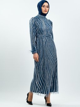 İndigo Simli Tüy Detaylı Abiye Elbise