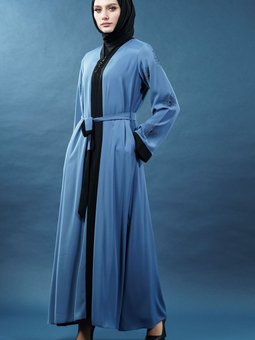İndigo Taş İşlemeli Fermuarlı Abaya