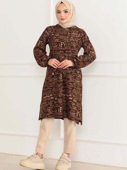 Kahverengi Desenli Kapüşonlu Spor Tunik