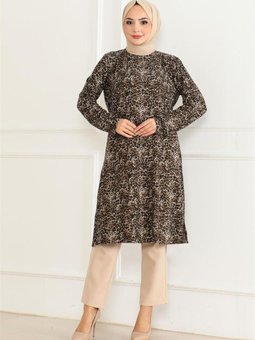 Kahverengi Desenli Örme Süet Tunik