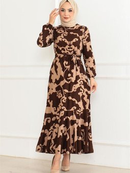 Kahverengi Eteği Volanlı Desenli Elbise