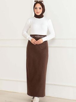 Kahverengi Uzun Kemerli Kaşe Kalem Etek