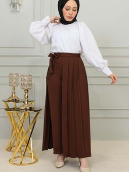 Kahverengi Uzun Piliseli Pantolon Etek