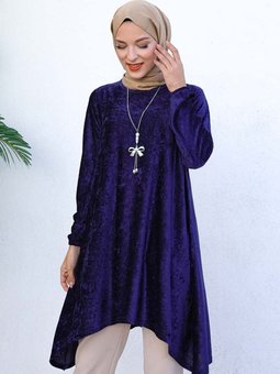 Lacivert Asimetrik Model Kadife Tunik